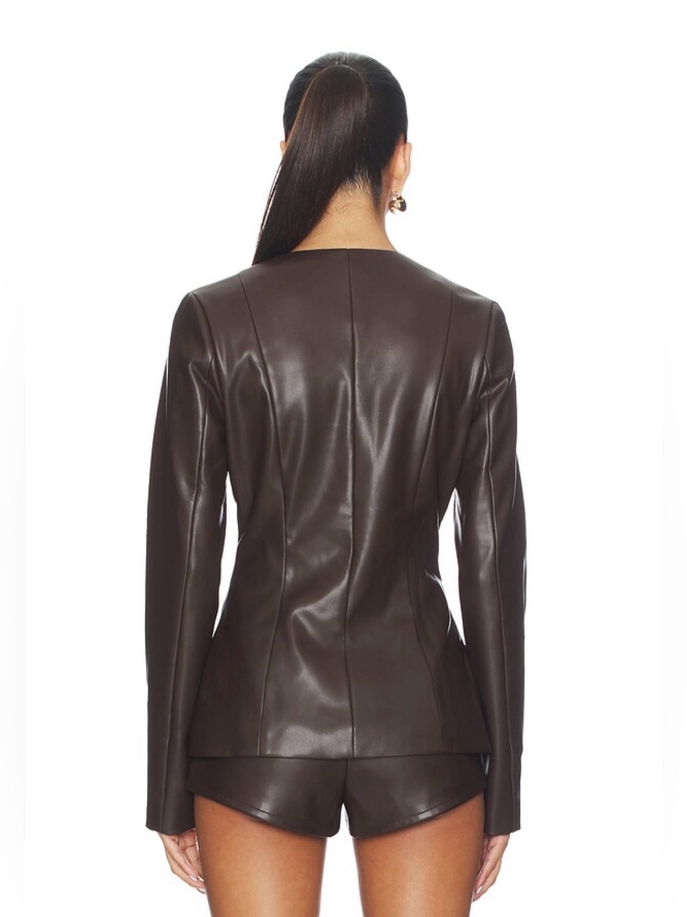 All The Ways Revolve Vandellia Chocolate Brown Faux Leather Button Blazer Jacket - Picture 4 of 10